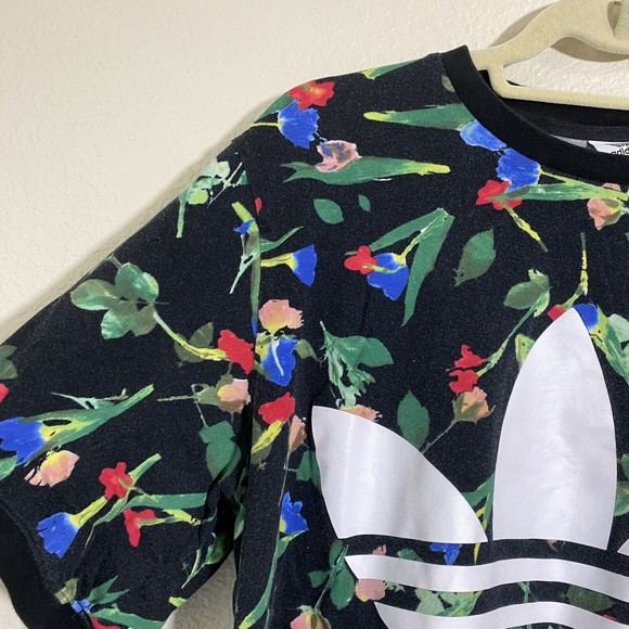 Adidas Womens Shirt Size Small Floral Cropped Black Flawed - Picture 3 of 7